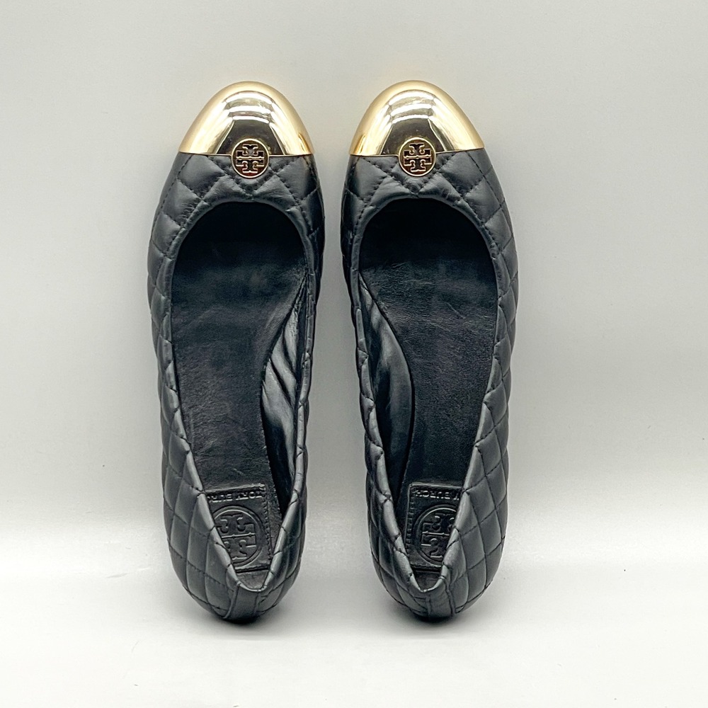 Tory Burch Womens 8.5 M Kaitlin Quilted Ballet Flats Black Leather Gold Cap Toe